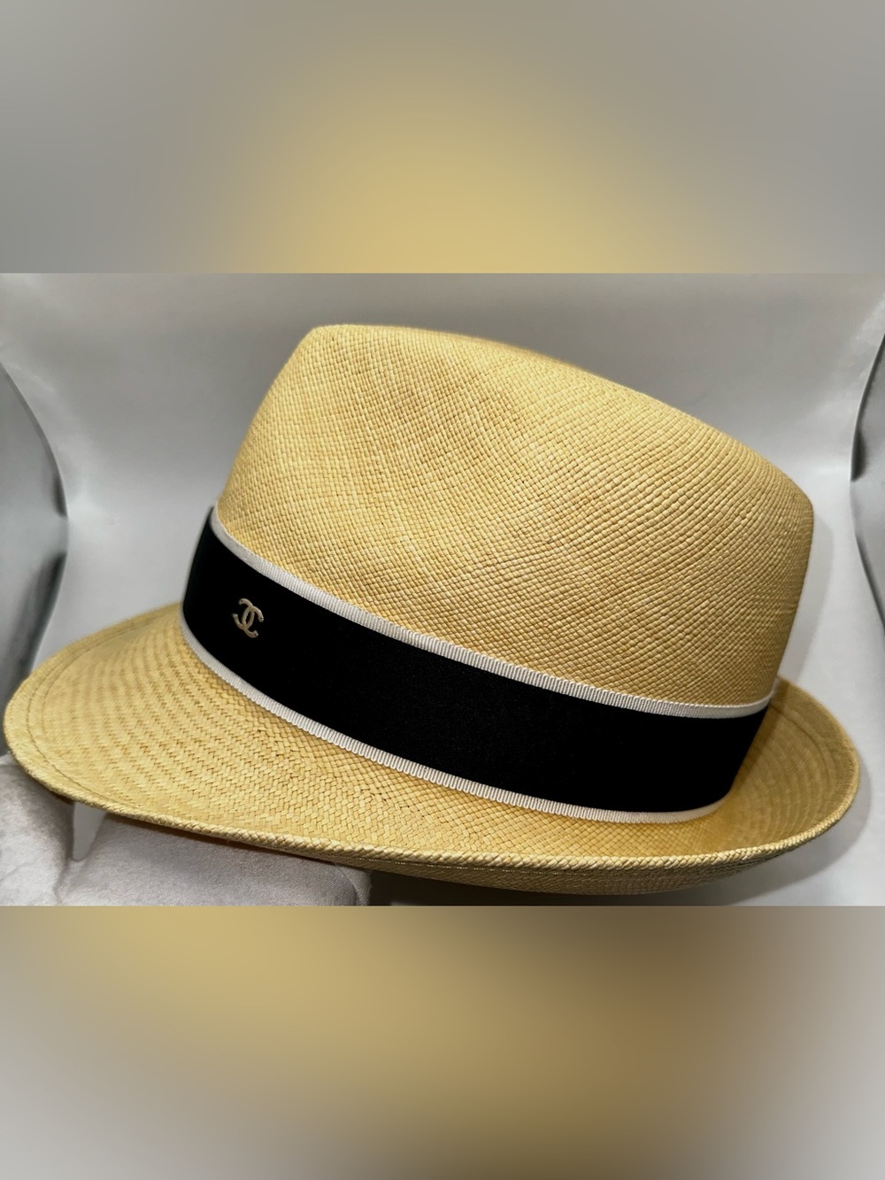 CHANEL Straw Fedora Hat in Natural and Black, Never Worn, w/ Box